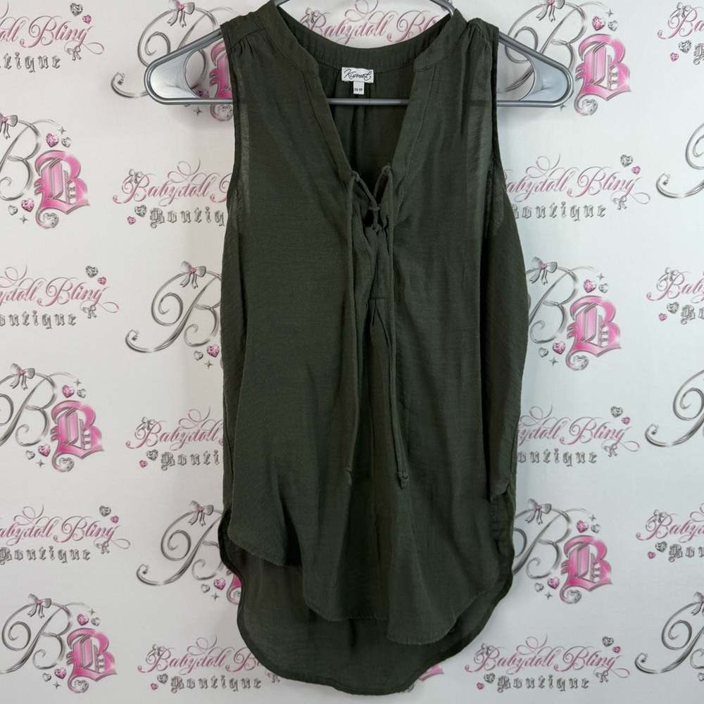 Kismet tank top lace up detail fairy hem Dark Green Sleeveless Blouse